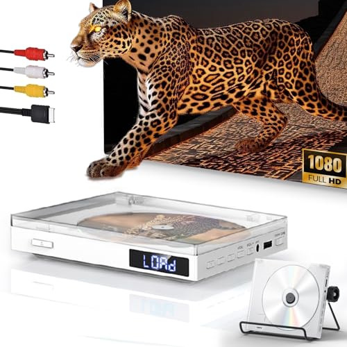 Mini DVD Player für Fernseher,1080P HDMI Compact DVD Player für Fernseher mit HDMI-Anschluss/AV-Ausgabe for TV, NTSC/PAL mit AUX/AV/USB, Fernbedienung und Stand (Weiss)