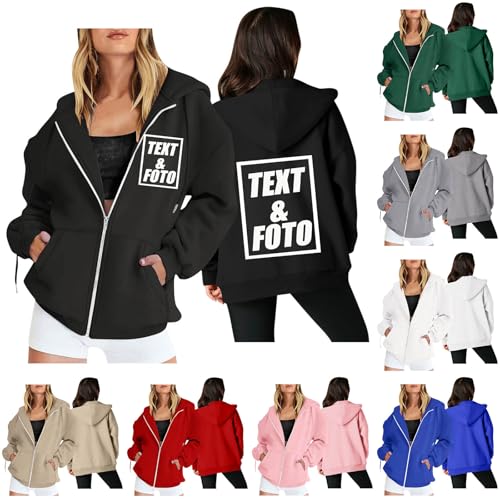 Generisch Personalisierte Sweatjacke Damen mit Kapuze Hoodie Zipper mit Foto Bedrucken Kapuzenpullover Casual Pullover Selbst Gestalten Lustige Sweater Elegant Kapuzenjacke mit Aufdruck Schwarz L