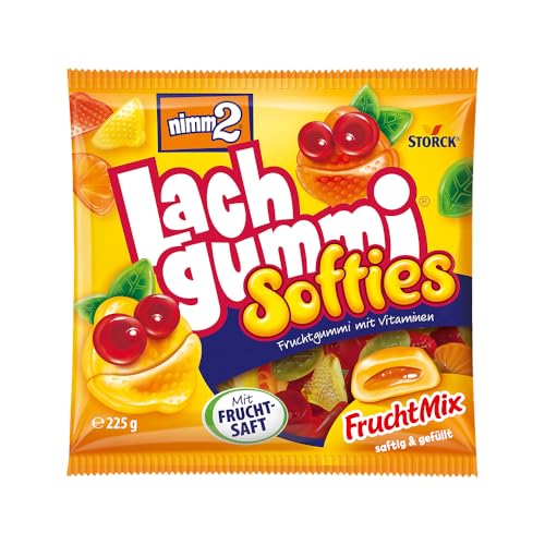nimm2 Lachgummi Softies FruchtMix – 1 x 225 g – Gefülltes Fruchtgummi mit Fruchtsaft und Vitaminen – Süßigkeit in sechs Geschmacksrichtungen