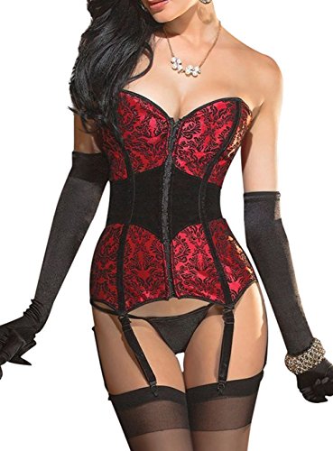 KUOSE Damen Burleske Body Shaper Mieder Vollbrust Corsage Top mit Strapshalter, schwarz/rot,L