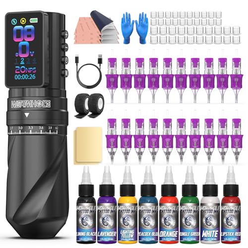 Wormhole Tattoo Set Tattoo Maschine Set – 7 Einstellbare Hubhöhen, 2300 mAh Akku kabellos Tattoo Pen mit Normal/Jump-Start/Dot Modus mit LED Display-WTK381