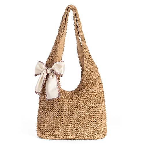 CorkAllin Sommer Strohtasche Korbtaschen, Hobo Strand Umhängetasche für Damen, Vintage Leichte Faltbare Geflochtene Tragetasche für Reisen, Arbeit mit reißverschluss (Aa-Brown)