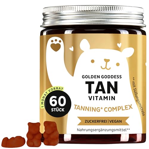 Golden Goddess Tanning Gummies - mit Lutein, Astaxanthin, Vitamin C, E, Beta-Carotin, Calcium & Kupfer - 60 Stück (1 Monat Vorrat) - Zuckerfrei, Vegan - Bears with Benefits​