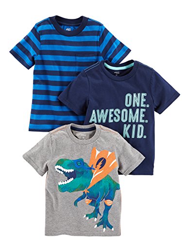 Simple Joys by Carter's Baby Jungen 3-Pack Short-Sleeve Tee T-Shirt, Blau Streifen/Grau Dinosaurier/Marineblau Textaufdruck, 3 Jahre (3er Pack)