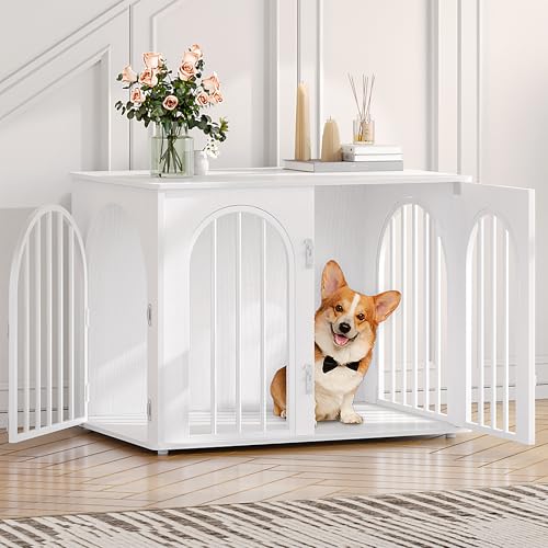 Hzuaneri Hundekäfig Möbel, 80cm Hundebox für Zuhause, 3 Türen, Bogentür, Moderne Hundebox Indoor für Hunde, Beistelltisch, Hundekäfig Hochbelastbar, 80 x 56 x 61 cm, Weiß DFC85113W