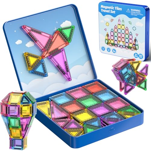 Magnetische Bausteine Reisespielzeug, 60-teiliges Magnetische Tiles Reiseset mit Eisenbox, Kreativität MINI Magnetic Fliesen Sensorisches Spielzeug Geburtstag Geschenk für Kinder 3 4 5 6 Jahren