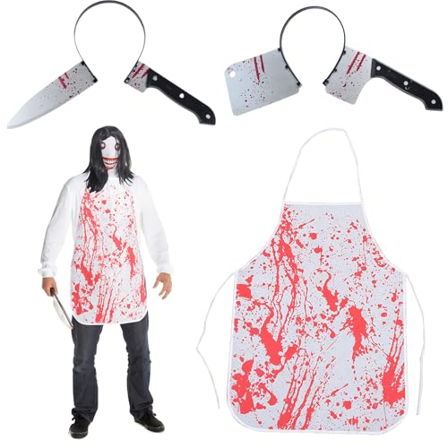 LYNBLY Halloween Schlächter Kostüm, Metzger Kostüm, Halloween Blutige Schürze, Halloweens Messer im Kopf, Halloweens Kostüm Horror, Kostüms Accessoire für Herren Damen Halloweens Party Cosplay