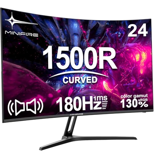 Minifire 24 Zoll Curved Gaming Monitor 180Hz, 1ms, FHD PC Bildschirm 1500R, Mit Lautsprechern, FreeSync, HDR, 130% sRGB, Rahmenlos, HDMI1.4/DP1.2 Ports -Schwarz (MFG24C1 mit HDMI-Kabel)
