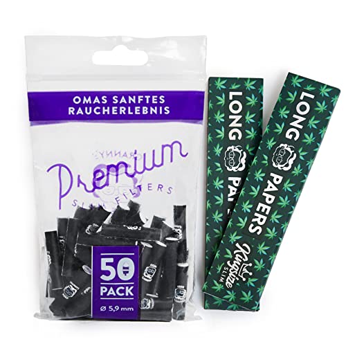 Granny's® Exclusive Slim Aktivkohlefilter 50 Stück & 2 Hanf Long Papers 36 Blatt | Ø 5.9 mm Filtertips | 108 x 45 mm organic King Size Long Papers | Kohlefilter für Selbstdreher