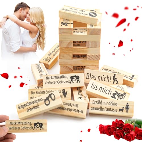 Audasi Deutsch Stapelspiel aus Holzblöcken for Paare, 48 Stück Verführerische Freches Blockturm Spiel Für Erwachsene Erotikspiele Sex Spiele Für Paare-Spiel Zum Valentinstag Paarspiele for Erwachsene