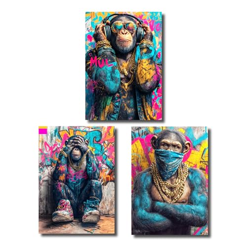 3 Affen Poster 3er Set – Nichts sehen, hören, sagen – Street Art Pop Art Wanddeko DIN A2 – Graffiti Bilder mit Style – Lustige Deko fürs Wohnzimmer, Büro oder Jugendzimmer