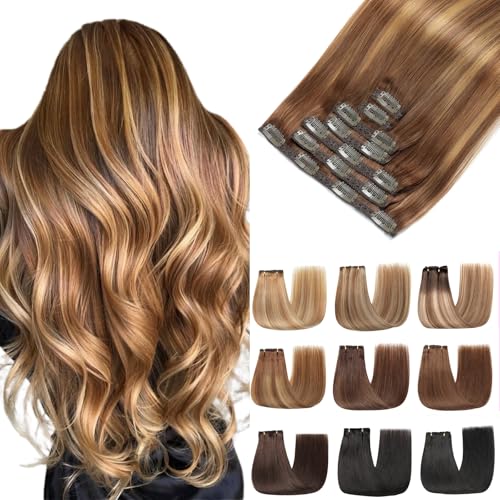 EINbeauty Clip In Extensions Echthaar 7Stücke Extensions Echthaar Gerade Unsichtbar Echthaar Extensions Extensions Clip In Haarverlängerung 80g 35cm(14Zoll，4/4/27#）
