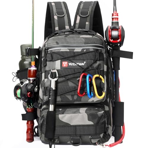 Luckits Angelrucksack, Angeltasche, Angelgerät Rucksack mit Rutenhalter, wasserdichte Angelgeräte Aufbewahrungstaschen, atmungsaktive Schultertasche, Wandern, Jagd, Camping, Outdoor Sport (Black)