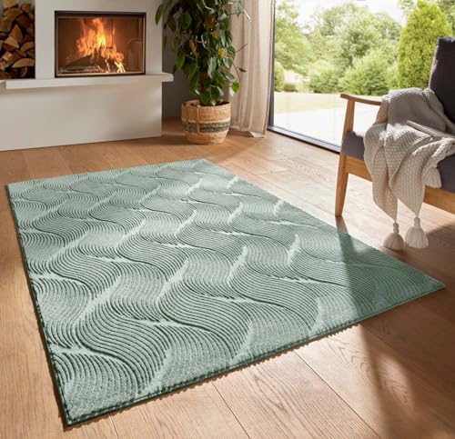 Taracarpet Kurzflor Boho Skandi Polyester Teppich in 3D Optik waschbar, pflegeleicht und robust ideal fürs Wohnzimmer, Schlafzimmer und Kinderzimmer auch als Badematte Grün Düne 120x170 cm