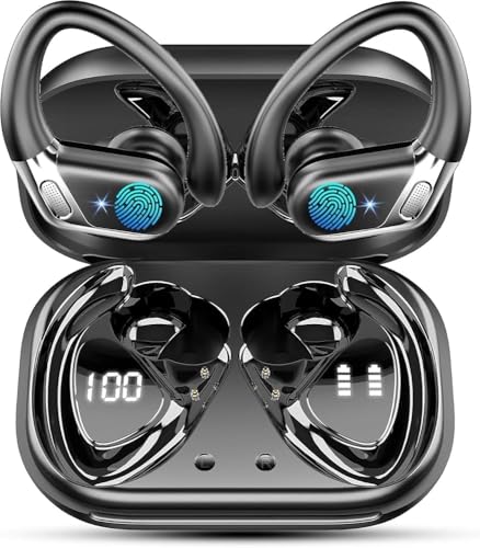 Bluetooth 5.4 Kopfhörer Sport, In Ear Kopfhörer Kabellos Bluetooth mit 4 ENC Noise Cancelling Mics, 50Std HiFi Stereo Bass Ohrhörer mit Ohrhaken, IPX7 Wasserdicht Earbuds für Sport, LED-Anzeige USB-C