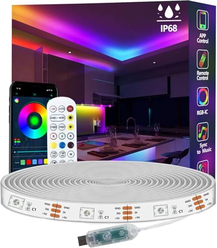 httpsmp 3m Ws2812 RGB+IC LED Streifen, IP68 Wasserdicht, 5V USB Betrieben, Musik Sync, Bluetooth App/RF Fernbedienung, Lichter für Balkon, Deck, Camping, Garten, Schlafzimmer, Dekor
