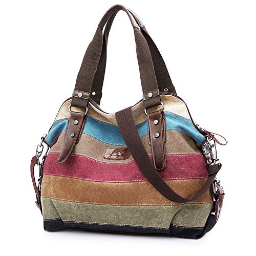 SNUG STAR Handtasche Damen,Canvas Tasche Damentasche Multi-Color-Striped Umhängetasche Damen Groß Schultasche Canvas Shopper Tasch Muttertag Geschenk Hobo Bag (C stylen)
