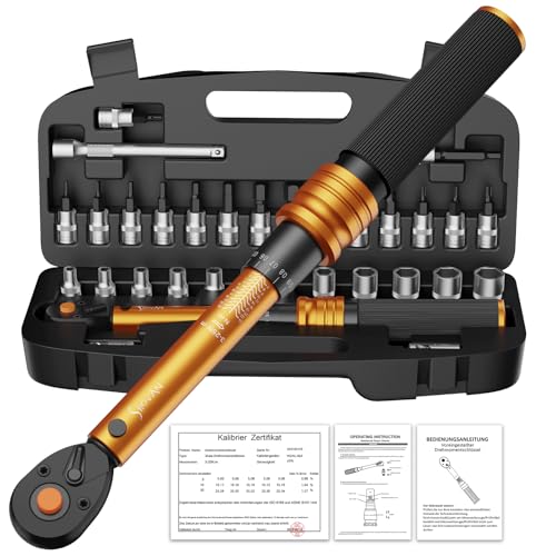 Drehmomentschlüssel Fahrrad 1/4 Zoll, 3-25 Nm, ±3% Fehlergenauigkeit, 72 Zähne Ratsche, 33TLG Torque Wrench Set für Motorrad und Bike, inklusive Verlängerungsstangen, 1/4