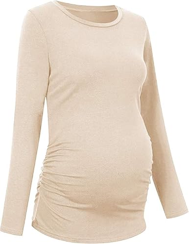 Saodimallsu Damen Umstandsshirt Langarm Stillshirt Umstandstop Rundhals Schwangerschafts Oberteil Nursing Tops Sommer Atmungsaktiv Schwanger T-Shirt Beige S