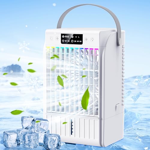 Mobile Klimaanlage, 4-in-1 Design, 1700ml Wassertank, 4 Windmodi, 2 Nebelfunktionen, 7 Farb-LED, USB-C, 1-6 Stunden Timer. Geeignet für Schlafzimmer, Büro und Küche