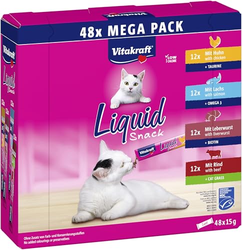Vitakraft Liquid Snack für Katzen, Katzen Leckerlis im Mega Pack, cremige Textur, mit Rind, mit Huhn, mit Lachs, 1 Vorratspackung (48x 15g)