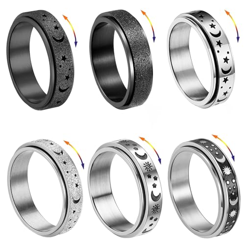 6 Stück Spinner Ring Damen Edelstahl Silber Ring Herren Damen Set Edelstahl Vintage Ringe Mond Stern Rollring Drehbarer Rings Partnerringe Trauringe für Frauen Männer Größe 54-65 (Silber Set-A, 57)
