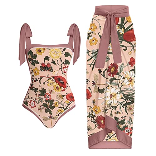 Badeanzug Damen Sexy Bauchweg Push Up Bademode Monokini Set Zweiteilig Vintage Blumen Drucken Einteiler Bikini Cover Up Rock High Waist Swimsuit Frauen Schwimmanzug Bademode