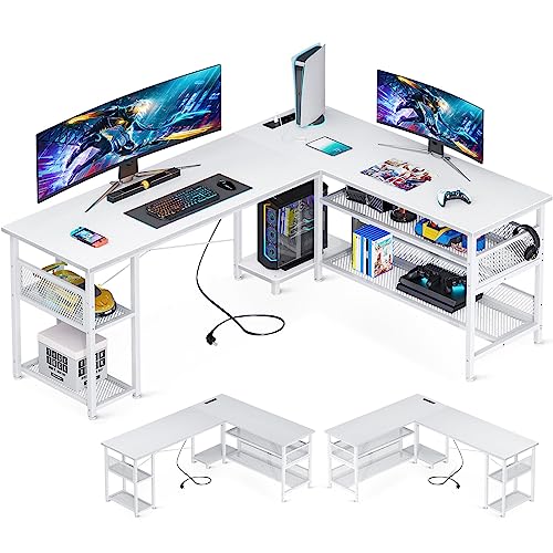 ODK Reversibel Gaming Schreibtisch L-Form, 168×120cm eckschreibtisch weiß mit 2 Steckdosen und 2 USB Ladeanschluss, Ecktisch mit Großer Stauraum, Stilvoll & Funktional