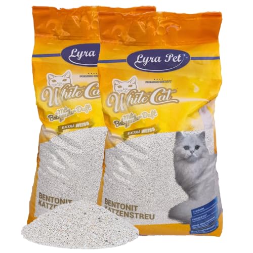 Lyra Pet® | 30 Liter White Cat Katzenstreu | Mit Babypuder Duft | Feines Klumpstreu | 350% Saugkraft | Naturprodukt aus Bentonit | Stark Klumpend | Saubere Wohnung | Neutralisiert Gerüche | Staubarm