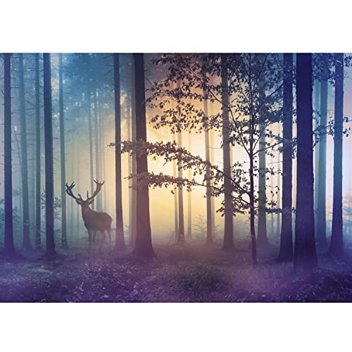 Runa Art Fototapete Wald Hirsch Nebel 352 x 250 cm Vlies Tapeten XXL Moderne Wandtapete Wohnzimmer Schlafzimmer Gelb Blau 9338011a