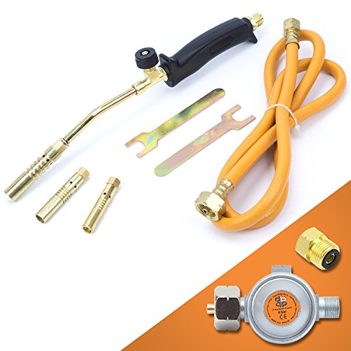 Gasbrenner Handlötset 4 tlg. mit Schlauch (1,5 m), 4 bar, 140 g/h, Brennerdüse 13/14/17mm, Perfekt für Dachpappe, Bitumen, Abflammen & Unkrautvernichtung Gaslötgerät Regelbar Abflammgerät Brenner