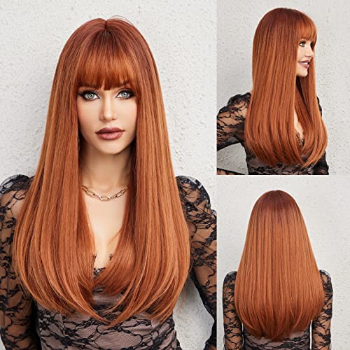 HAIRCUBE Auburn Perücke mit Bangs Langes Haar mit Bangs Rotes Haar Natürliches Aussehen Hitzebeständige synthetische Perücke Tägliches Spiel Party geeignet für modische Frauen 26 Zoll