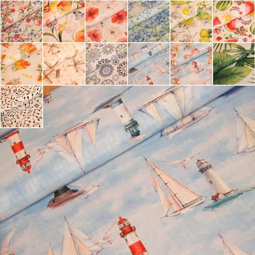 Generisch Dekostoffe Bedruckt Meterware - maritimer Stoff, Heimtextilien Blumen, Baumwoll Mischgewebe - Ottomanestoff - Frühlingstoffe *Ab 50cm, Farbe: 031 Leuchtturm