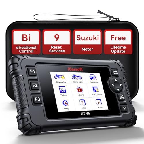 iCarsoft Motorrad OBD2 Diagnosegerät Bidirektional Passend für Suzuki mit ABS, Throttle, Idle, Alle Systeme Motorrad-Diagnosetool, Multisystem-Diagnosecodeleser, mit Hot Reset Funktionen, Datenstrom