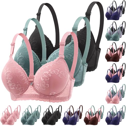 3er Pack Klassische Spitzen BHS Damen mit Bügel Sport Push Up BH mit Verstellbarem Bustier Komfort Nahtlos BH Set Gepolstert Frauen Sexy Trainings-BH für Alltag Yoga Fitness