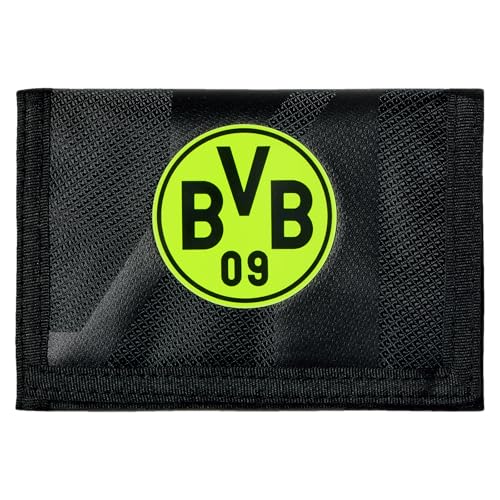 BVB Borussia Dortmund Geldbörse, 10 x 14 cm, Schwarz mit Neon-Logo, Polyester