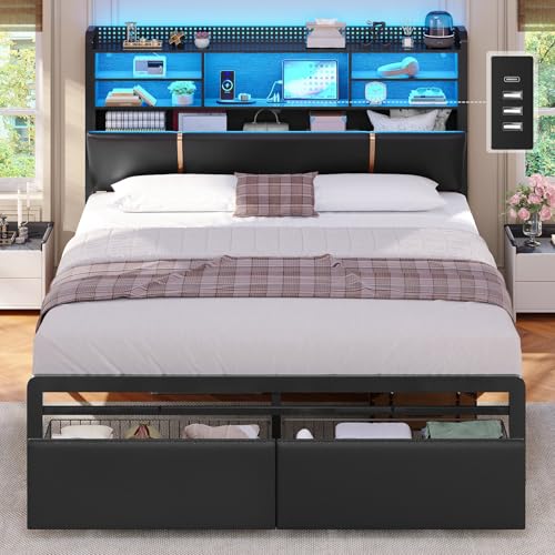 Bett 140x200 cm, Polsterbett mit LED-Beleuchtung, Metallbett Bettgestell, Bettrahmen mit 2 Schubladen, Regalkopfteil mit Stauraum, Steckdose, Doppelbett mit Lattenrost, für Schlafzimmer, PU Schwarz