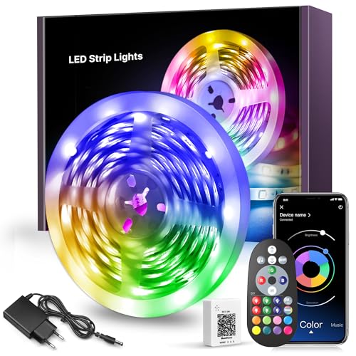 Macchiatto LED Strip 10m, LED Band 10m RGB Bluetooth LED Streifen mit Fernbedienung und APP, Selbstklebend Musik Sync Beleuchtung für Zimmer Party