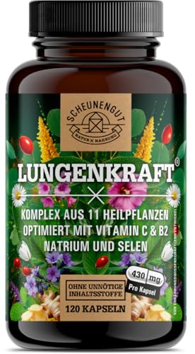 LUNGENKRAFT® Lungenkraut Kapseln Stark - WICHTIG: Laborgeprüfter Markenkomplex mit Lungenkraut, Ingwer,Hagebutte,Isländisches Moos,Selen,Salbei &mehr I 120 Stk -DE- SCHEUNENGUT®