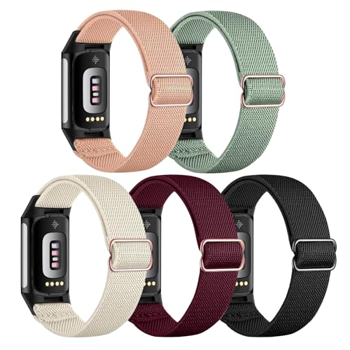 Gugobit 5 Stück Elastisches Armband Kompatibel mit Fitbit Charge 6/Fitbit Charge 5 Armband, Verstellbares Nylon atmungsaktives Ersatzarmband für Fitbit Charge 6/Fitbit Charge 5 Damen Herren
