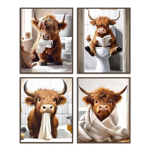 Dazzlewall 4 Stück Lustige Highland Cow Wandbilder, Rustikale Kuh Leinwand Bilder für Badezimmer Toiletten Deko 8x10 Zoll Ungerahmt