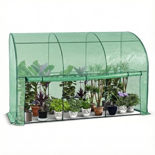 VOUNOT® Gewächshaus Foliengewächshaus, Anlehngewächshaus mit Seitenwände Aufrollbar, Tomatengewächshaus Winterfest Stabil, 300x100x180cm Grün