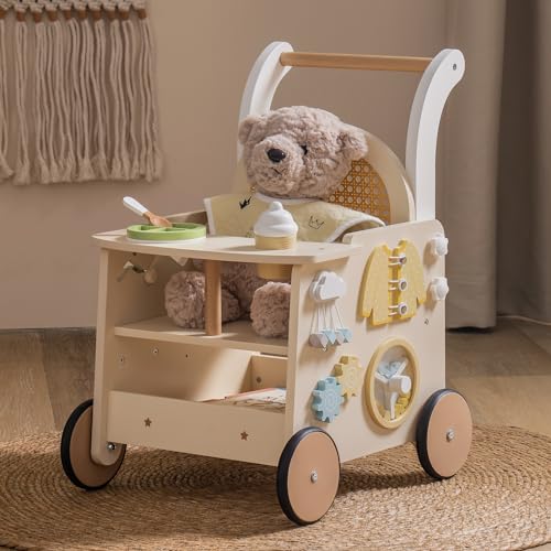 ROBOTIME Holz-Babywalker als Kinderwagen-Spielzeug, mit Geschwindigkeitskontrolle und Unter-Sitz-Aufbewahrung, pädagogische Schiebe- Zieh-Laufhilfe, sicher für erste Schritte, Geschenk ab 10 Monaten