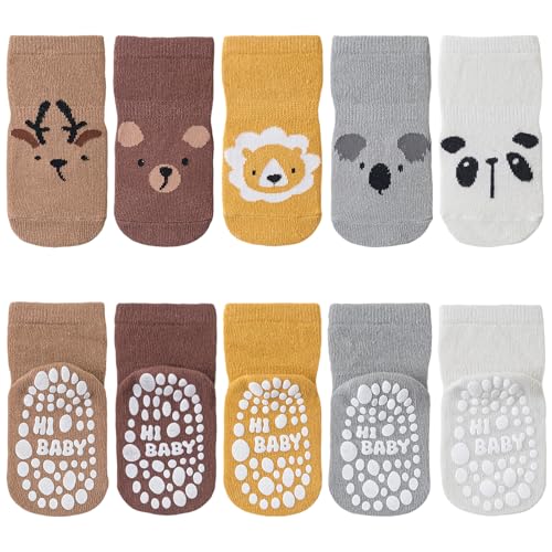 SockWaddles Stoppersocken Kinder Baby, 5 Paar ABS Atmungsaktiv Antirutschsocken Kinder, Krabbelsocken Baby Baumwolle, Jungen und Mädchen Crew Socken mit Tiere