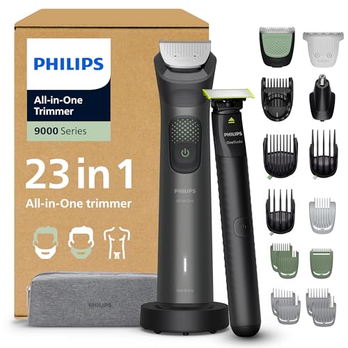 PHILIPS Multigroom Series 9000 All-in-One 23-teiliger Barttrimmer, Haarschneider, und OneBlade-Trimmer – Komplettes Pflegeset für Gesicht, Kopf und Körper, 27 Längeneinstellungen (0,2–20mm), MG9561/30