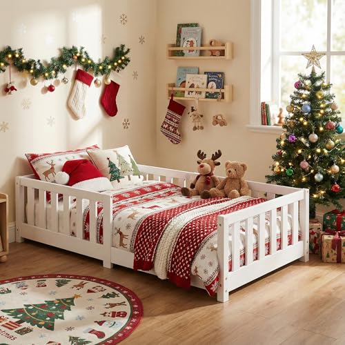 ecomi® Kinderbett 80x160 mit Rausfallschutz Bodenbett Kinder Bett mit Lattenrost für Kinder Kinderbetten für Mädchen und Jungen Massivholz Kiefer in Weiß