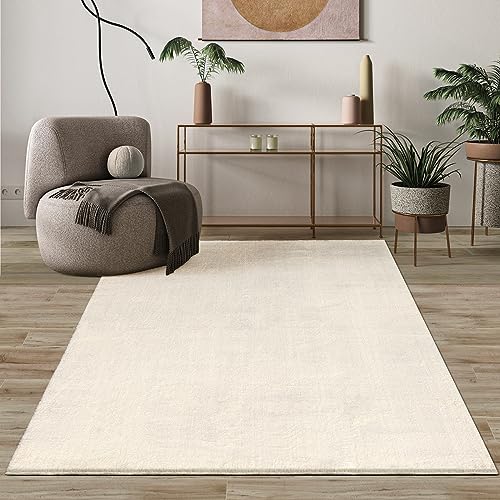 Mia's Teppiche Comfort Moderner Flauschiger Kurzflor Teppich, Anti-Rutsch Unterseite, Waschbar bis 30 Grad, Super Soft, Felloptik, Beige, 80 x 150 cm