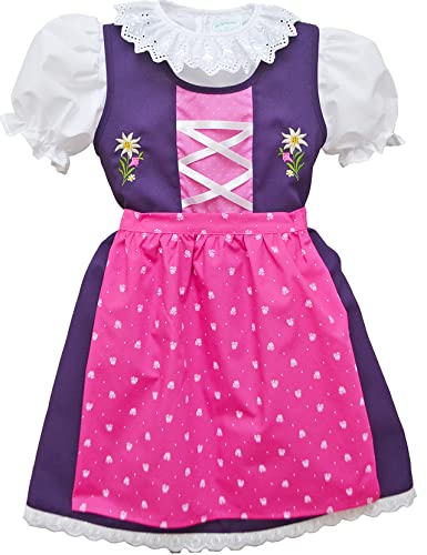 Schrammel Aubergine Kindertrachten Pink Blumendruck Baumwolle Schürze Dirndl Bluse (74-80, Rosa-Aubergine Lila)