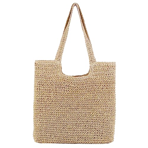 TIAASTAP Stroh Strandtasche für Damen, Summer Stroh Handtasche Schultertasche mit Reißverschluss, Strohtasche Geflochten Korbtasche Basttasche für Strand Reise Einkauf, Beige