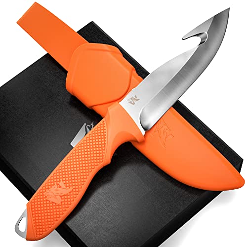 Wolfgangs WHUNTER 2 Jagdmesser feststehende Klinge mit Aufbrechhaken aus starkem D2 Stahl (Durchgängiger Erl) - Aufbrechmesser auch als Angelmesser - Survival Outdoor Messer mit robuster Scheide